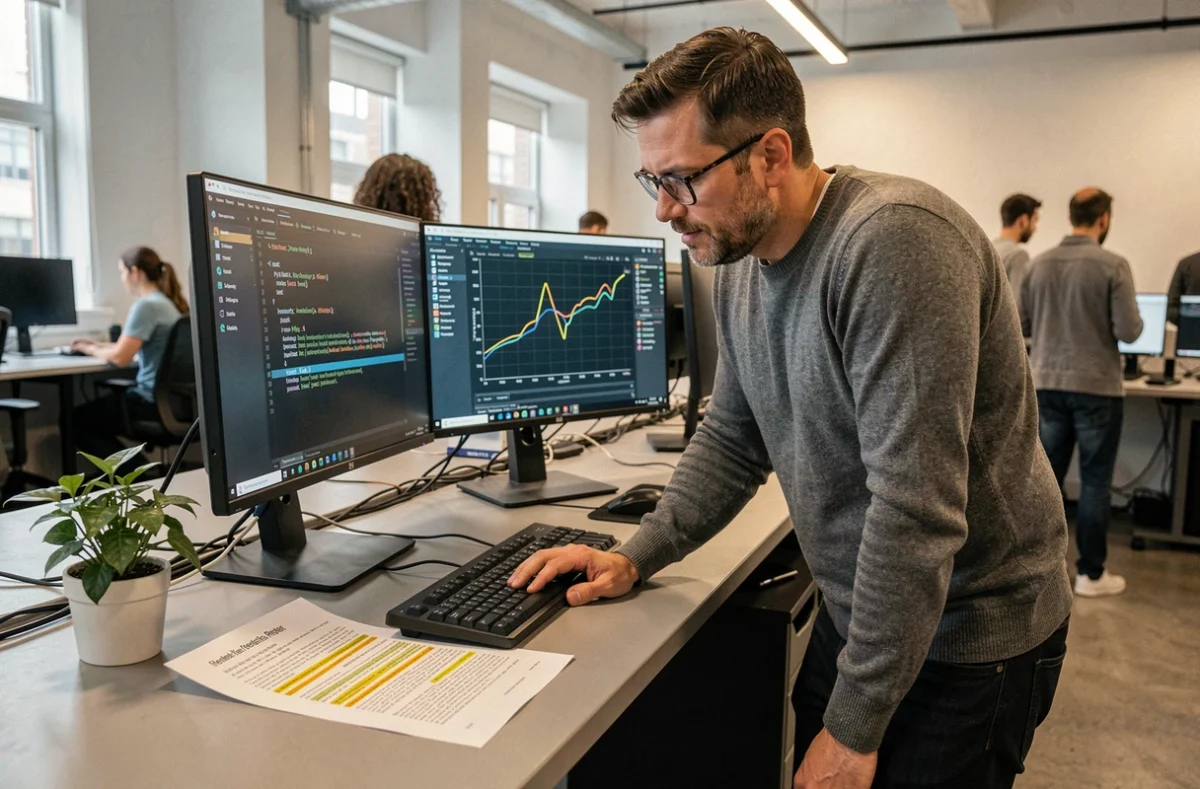 Data scientist analysant le papier de recherche ResNet original à côté de moniteurs affichant du code PyTorch et des courbes d'entraînement