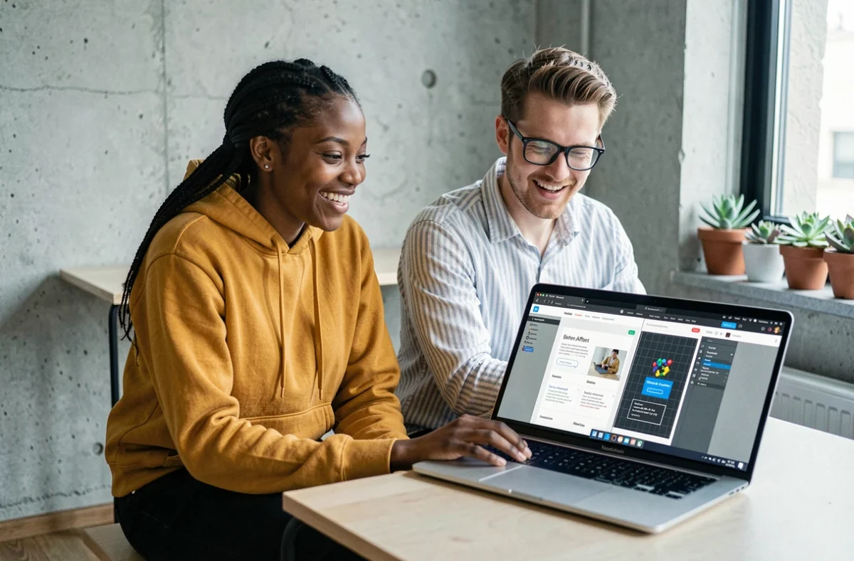 Deux designers collaborant sur une refonte de site web avec CSS grid dans un espace de coworking en béton brut