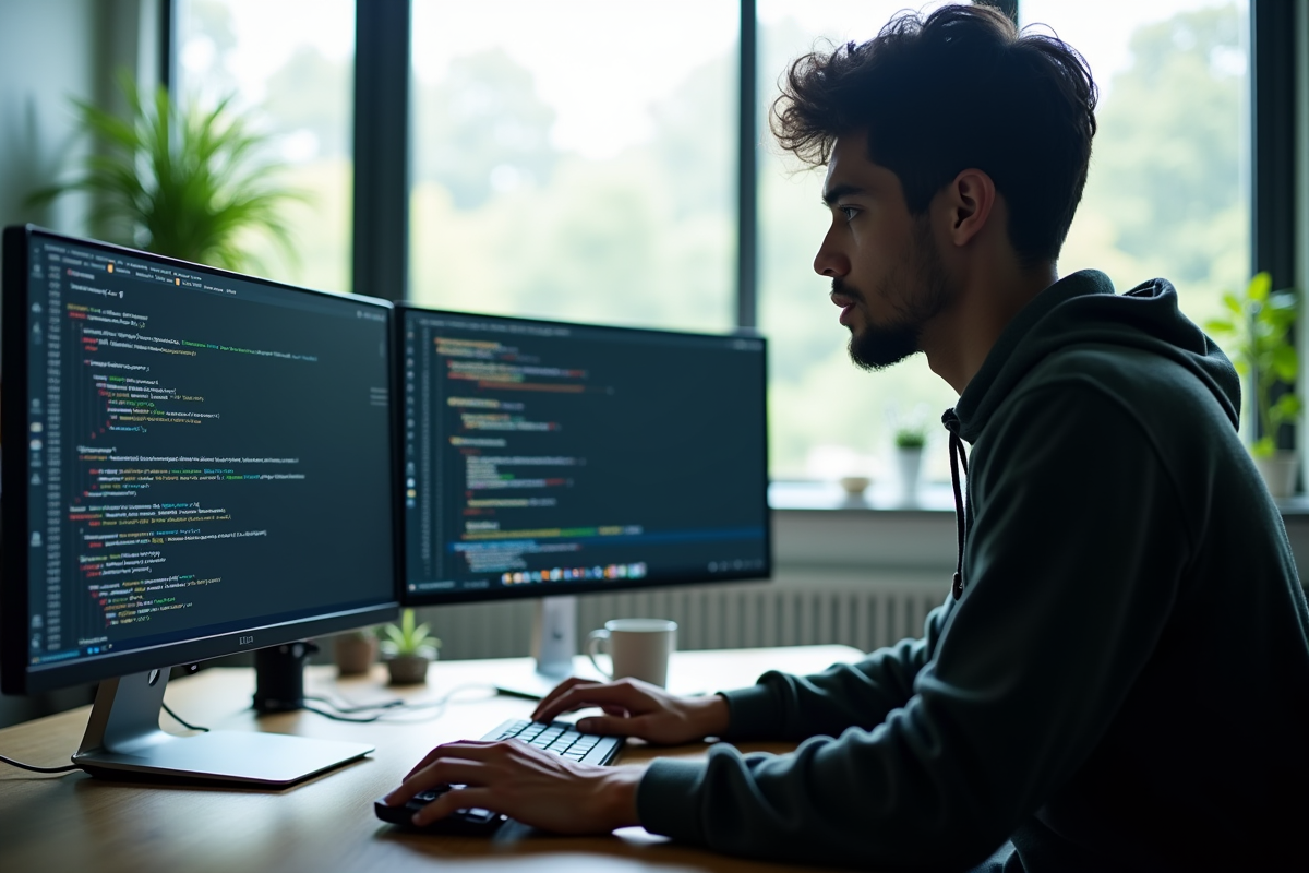 Jeune developpeur au bureau avec ecrans affichant 127 0 0 1
