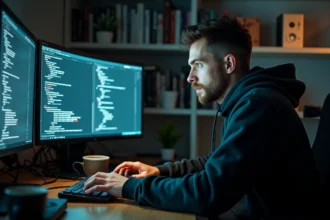 Développeur configurant la sécurité d'une licence FiveM sur plusieurs écrans dans un bureau à domicile