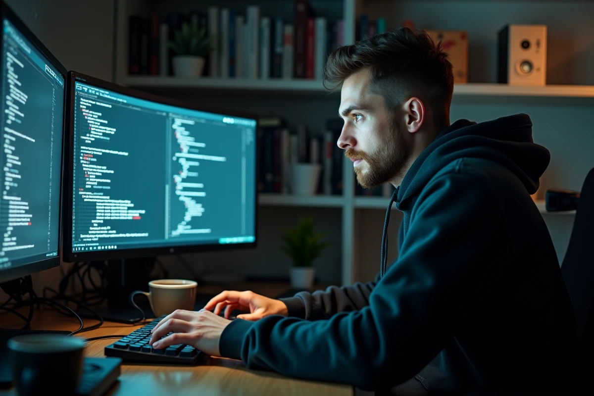Développeur configurant la sécurité d'une licence FiveM sur plusieurs écrans dans un bureau à domicile