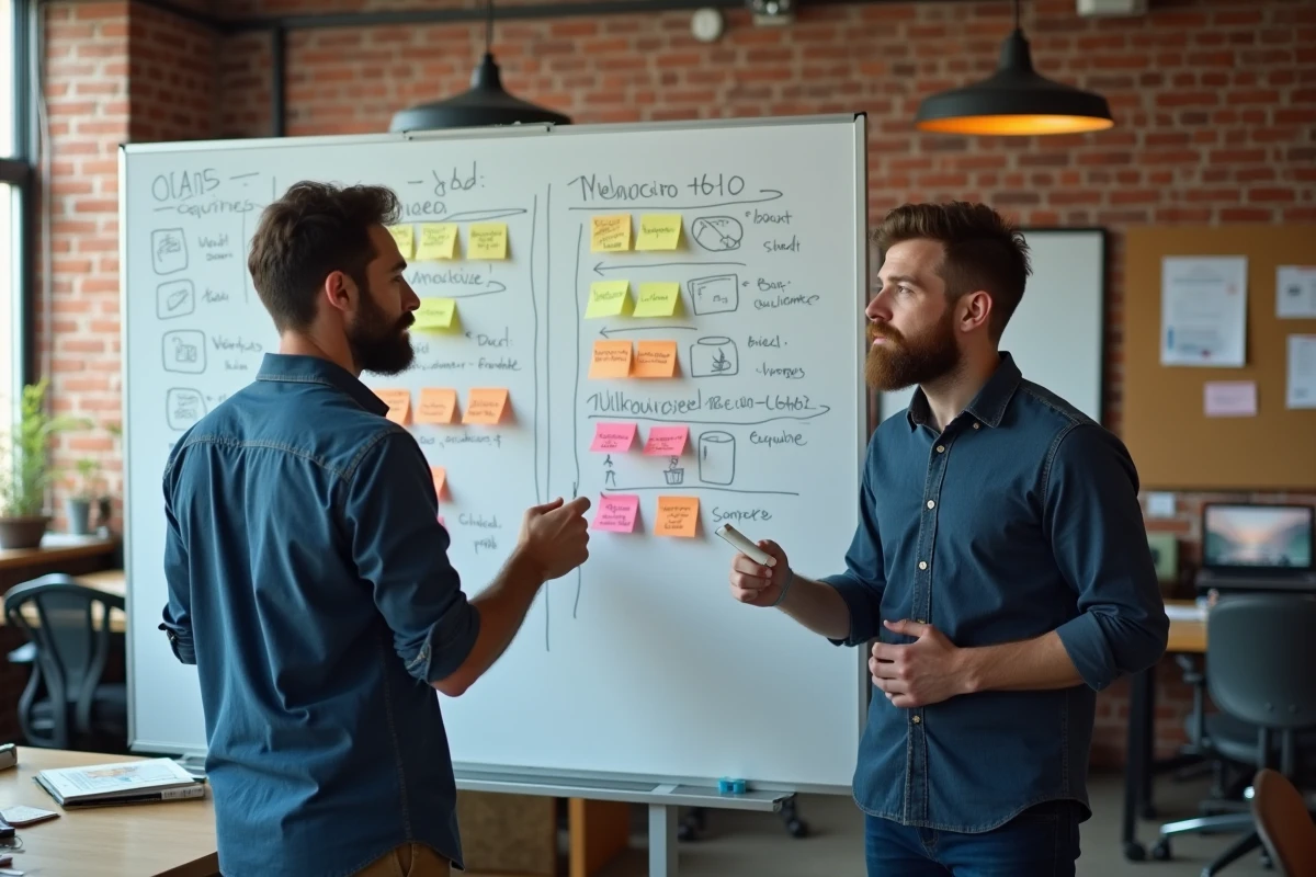 Développeur de jeux debout devant un tableau blanc avec des colonnes de post-it représentant l'évolution d'un GDD de prototype