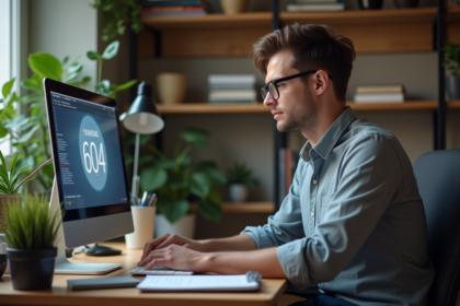 Jeune developpeur web regardant un message 404 sur son ordinateur