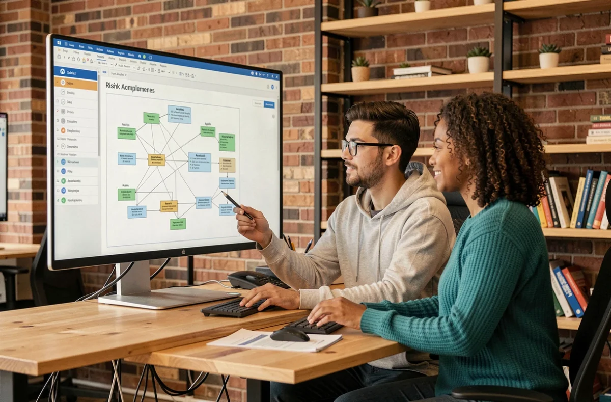 Deux développeurs logiciels évaluant une matrice de risques et une architecture réseau dans le cadre d'un processus de validation de sécurité applicative