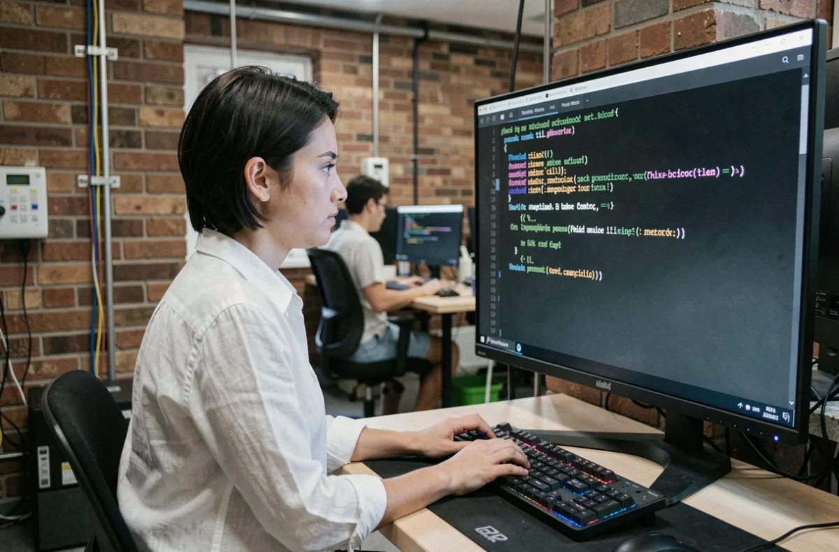 Développeuse en espace de coworking devant un terminal Mac affichant des caractères tilde dans du code en ligne de commande