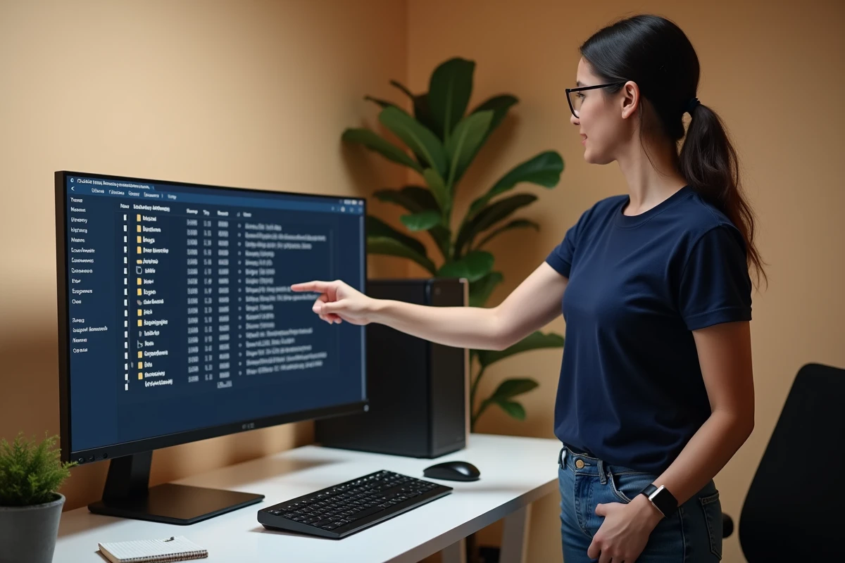 Femme en home office montrant le dossier cache FiveM ouvert dans l'explorateur de fichiers Windows