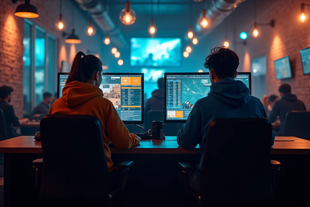 Deux joueurs CS2 comparant leurs statistiques de progression de rang dans un café esports