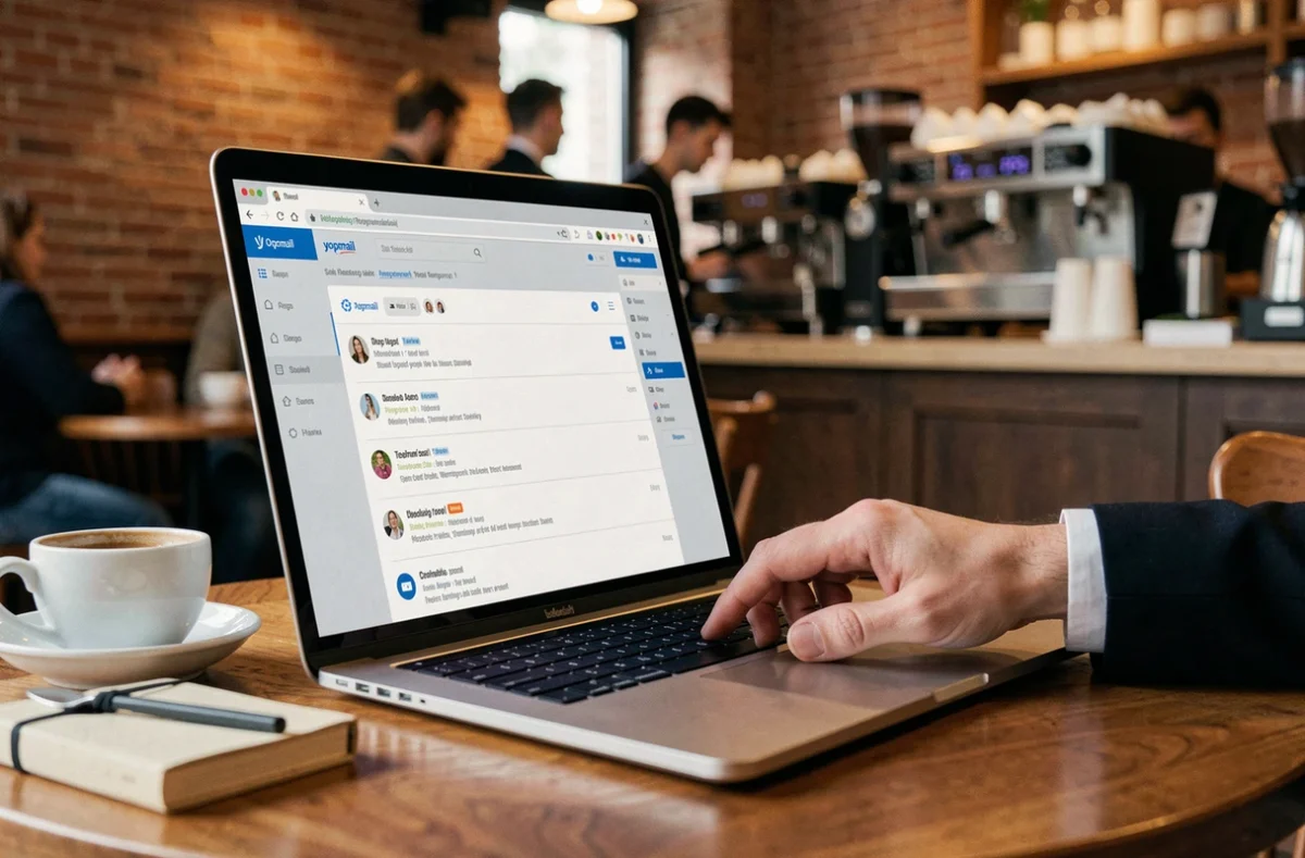 Écran d'ordinateur affichant une boîte de réception d'email temporaire dans un café urbain