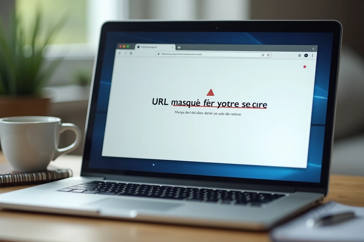Écran d'ordinateur affichant un message d'avertissement URL masquée pour votre sécurité dans un navigateur