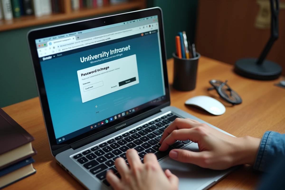 Gros plan sur un écran d'ordinateur affichant la page de réinitialisation du mot de passe de l'intranet Lyon 3 depuis un bureau d'étudiant