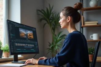 Femme éditant une vidéo avec des sous-titres et des données SEO visibles sur un écran de bureau moderne