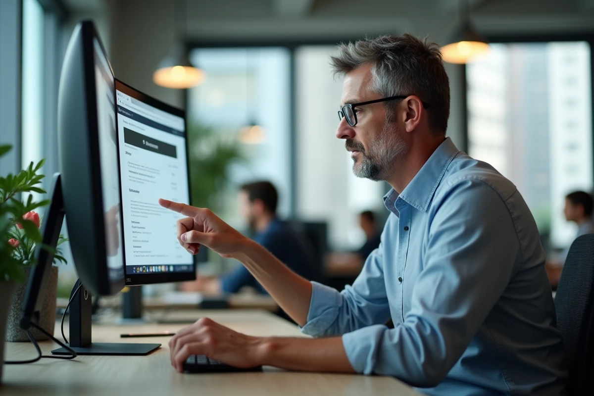 Employé de bureau impatient face à un webmail lent sur double écran dans un open-space professionnel