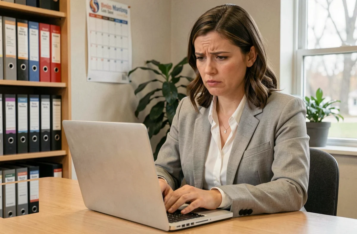 Enseignante devant son ordinateur portable dans un bureau scolaire, vérifiant l'accès à sa messagerie institutionnelle Dsden 64 après les vacances