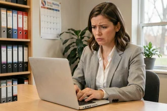Enseignante devant son ordinateur portable dans un bureau scolaire, vérifiant l'accès à sa messagerie institutionnelle Dsden 64 après les vacances