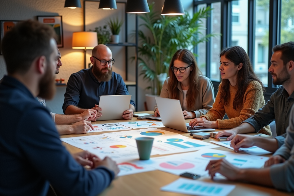 Equipe diverse en brainstorming avec documents et graphiques SEO