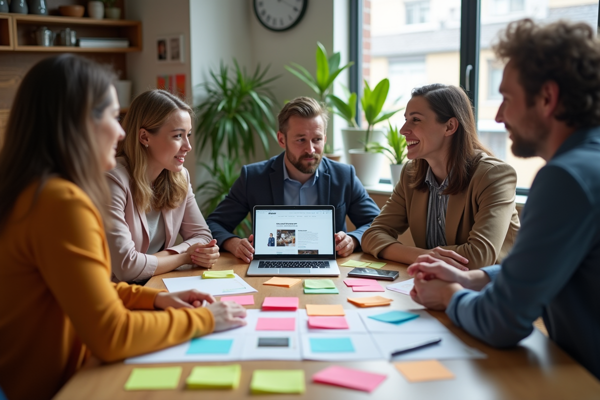 Groupe en réunion créative avec notes colorées et tablette