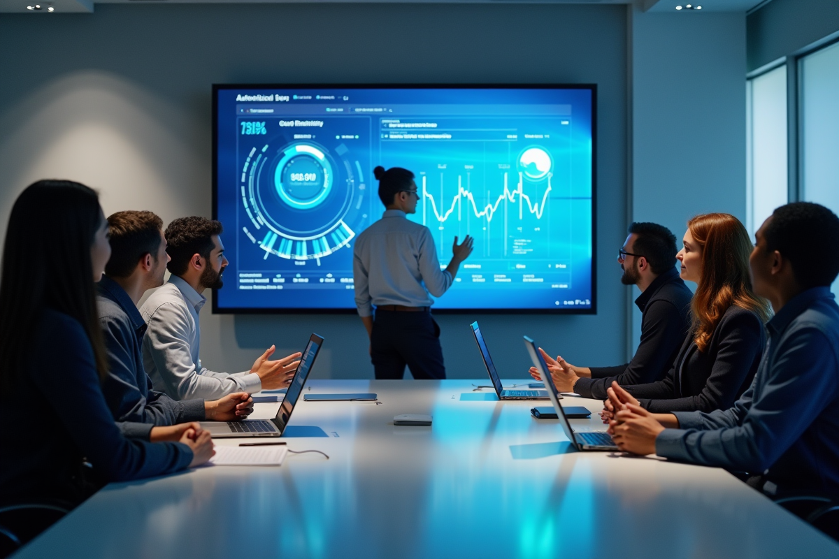 Equipe de professionnels analysant des diagrammes de securite sur un grand ecran