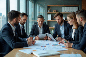 Groupe de professionnels en réunion autour de documents d'automatisation