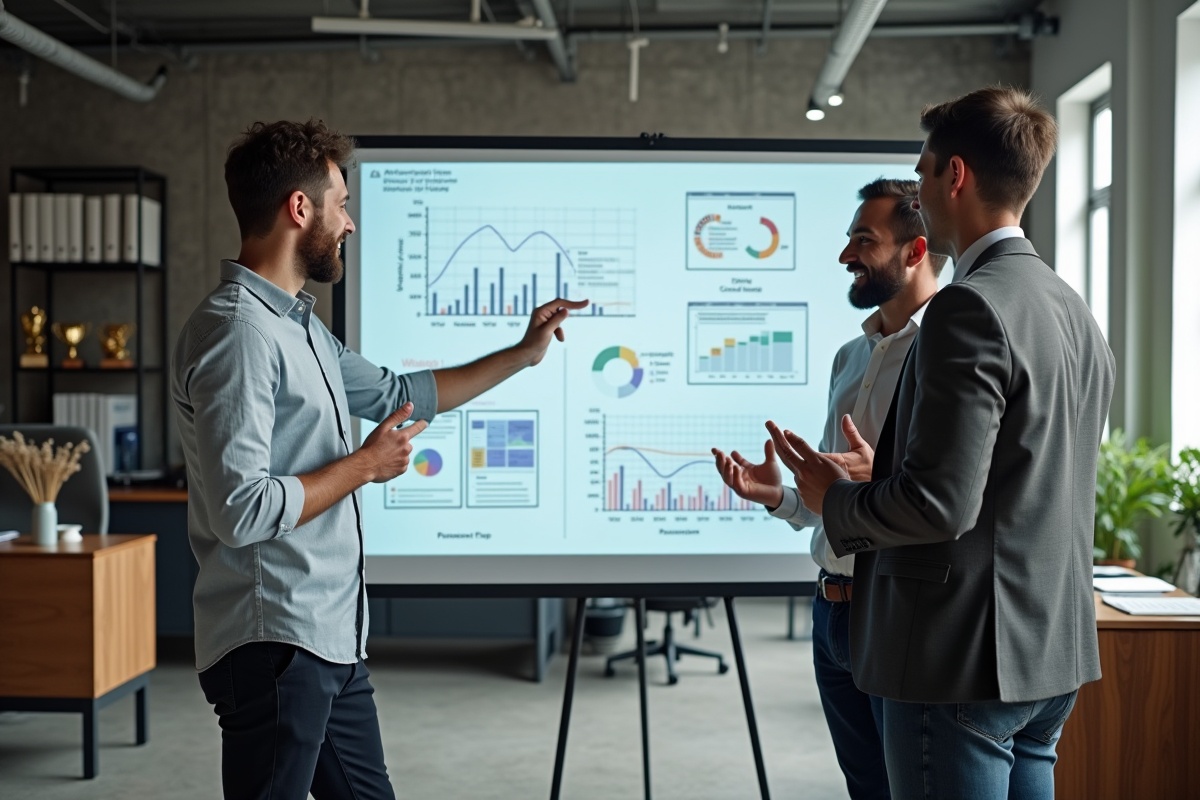 Groupe de marketeurs discutant stratégie avec tableau digital