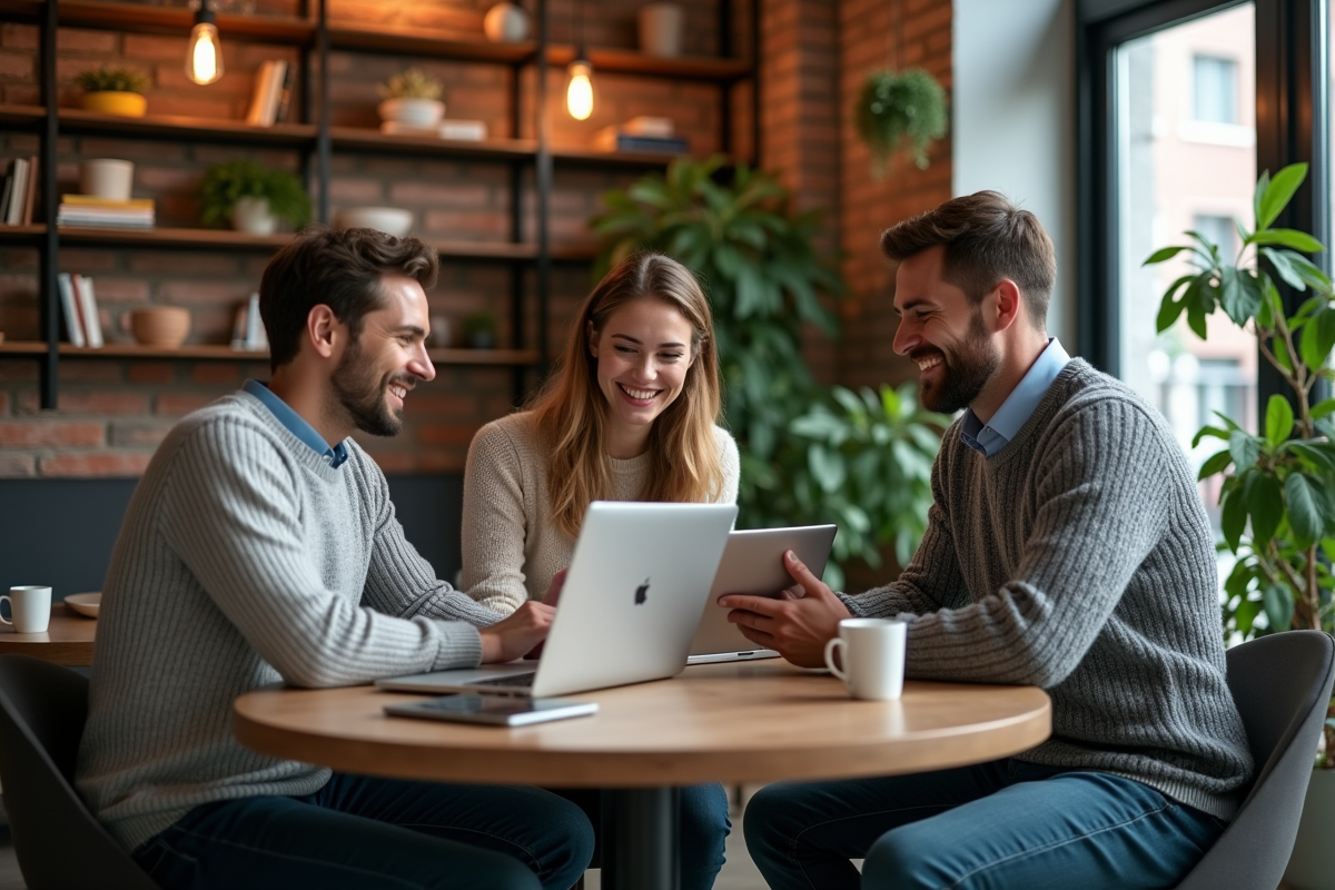 Équipe de trois personnes travaillant dans un café coworking chaleureux