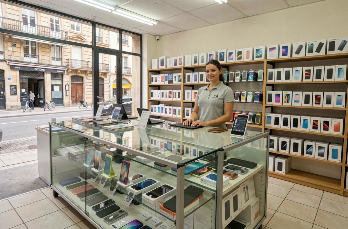 Intérieur du magasin Espace Mobile à Bayonne avec une vendeuse derrière un comptoir vitré rempli d'accessoires pour téléphones