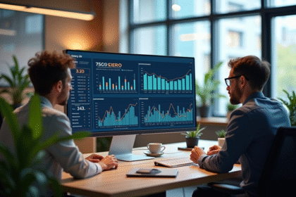 Espace de travail moderne avec écran affichant des graphiques SEO