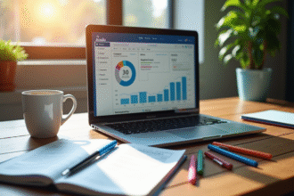 Espace de travail créatif avec un tableau de bord SEO sur un ordinateur
