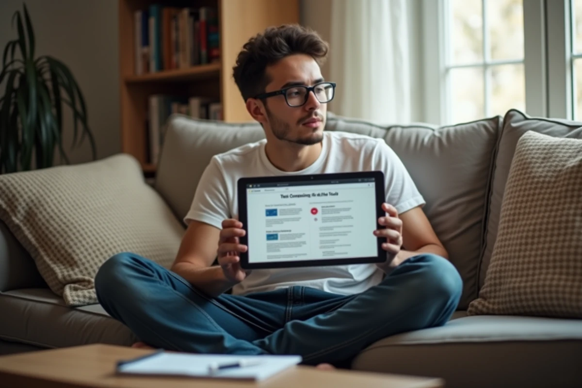 Étudiant lisant un comparatif d'outils gratuits alternatifs sur une tablette dans un appartement