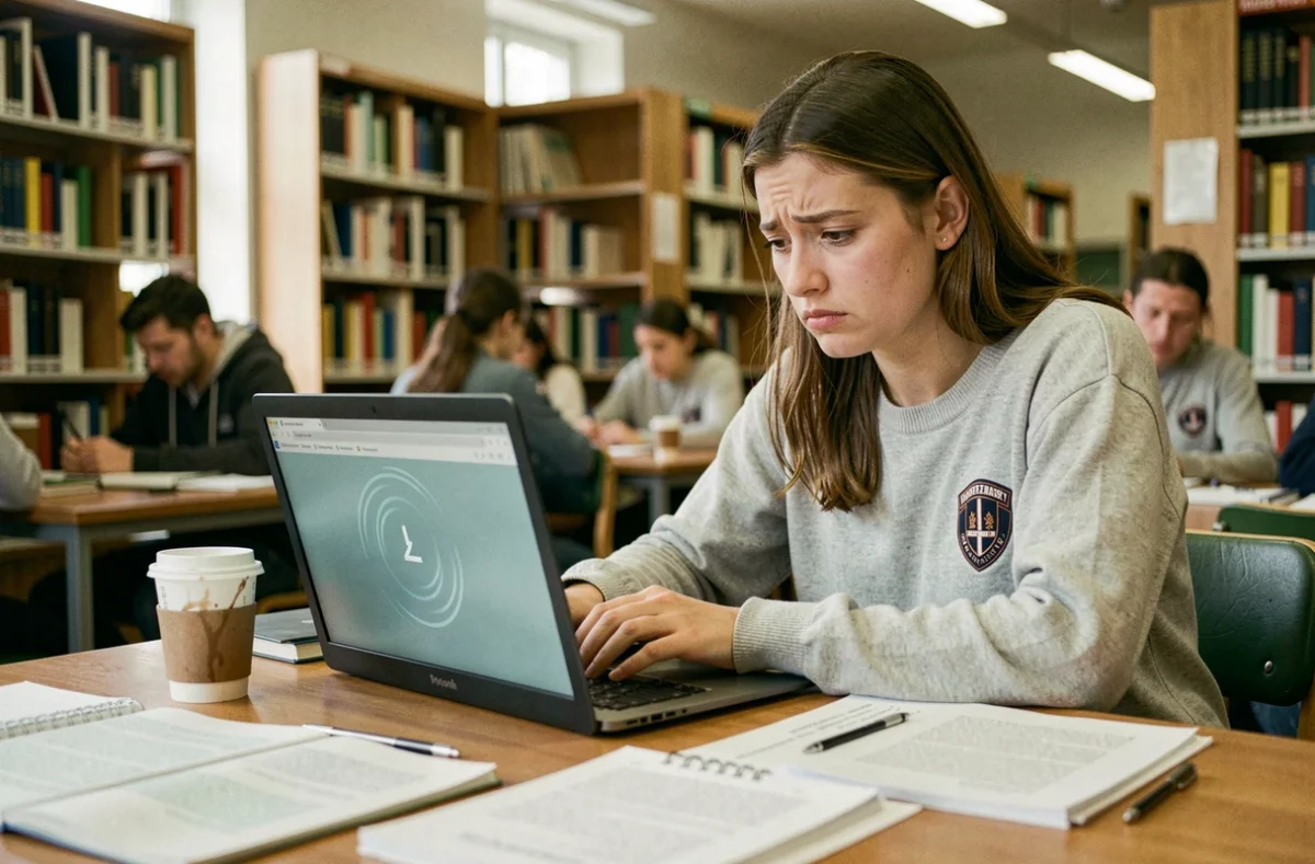 Étudiante frustrée devant un écran d'intranet universitaire qui rame sur son ordinateur portable en bibliothèque