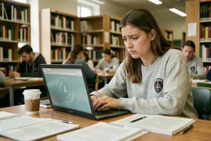 Étudiante frustrée devant un écran d'intranet universitaire qui rame sur son ordinateur portable en bibliothèque