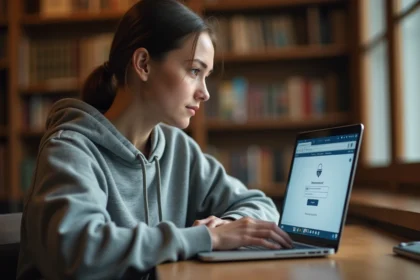 Étudiante de l'université Lyon 3 réinitialisant son mot de passe intranet sur un ordinateur portable en bibliothèque