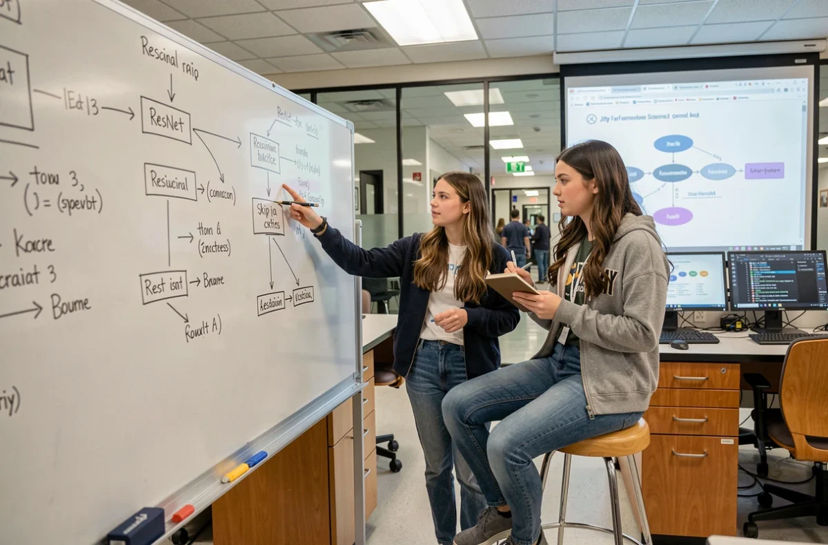 Deux étudiantes en informatique collaborant devant un tableau blanc avec des schémas d'architecture ResNet dans un laboratoire universitaire