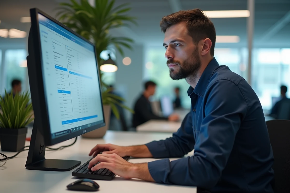 Homme en bureau moderne évaluant des alternatives gratuites à un outil de téléchargement vidéo sur grand écran