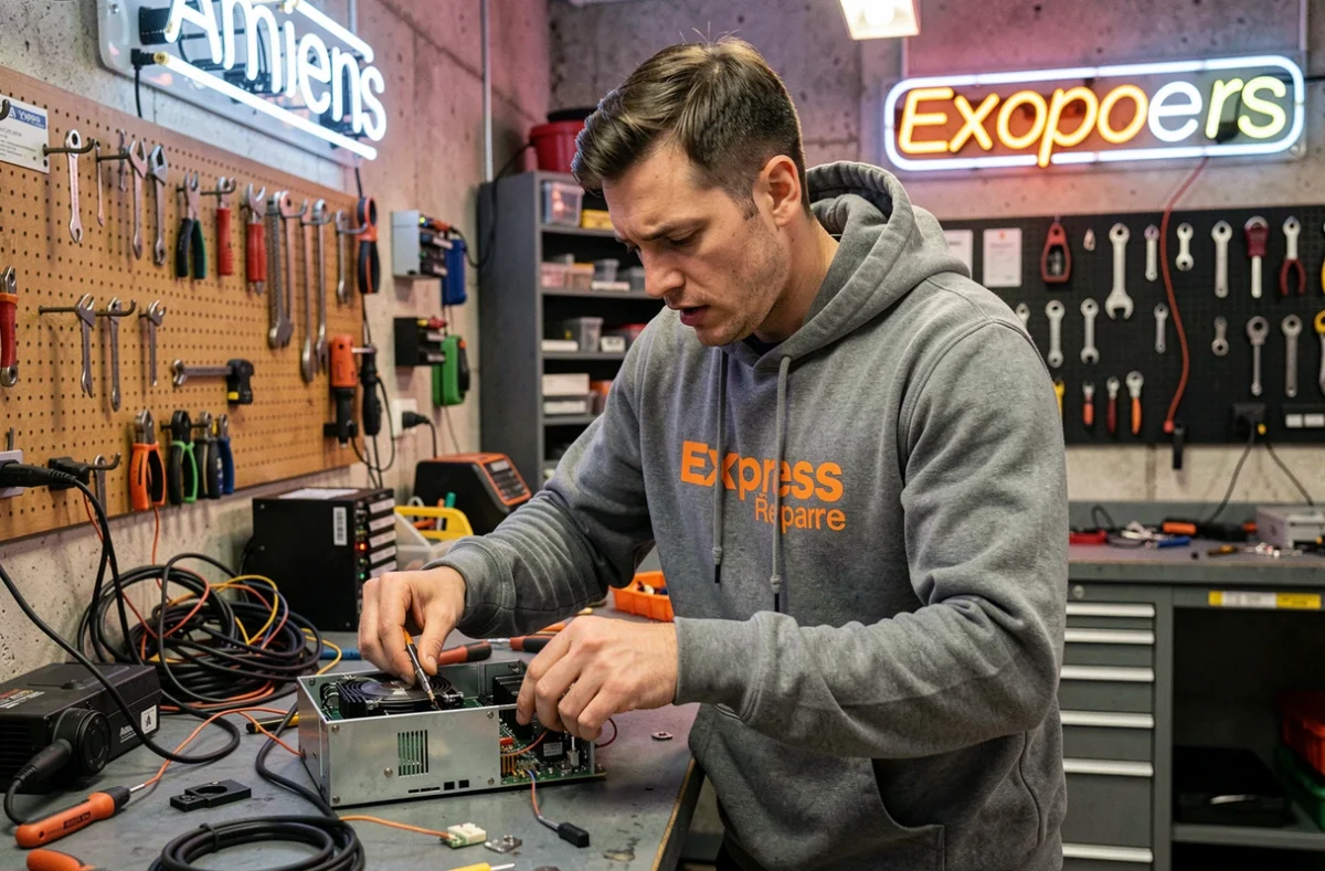 Technicien d'Express Répare Amiens assemblant rapidement des composants informatiques dans un atelier de réparation dynamique