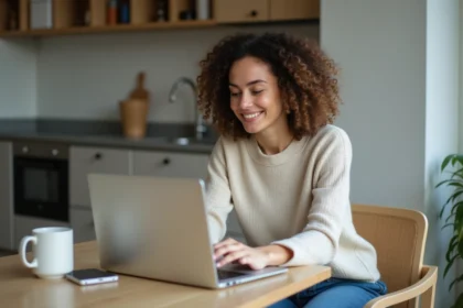 Femme en ligne dans la cuisine pour achat en ligne