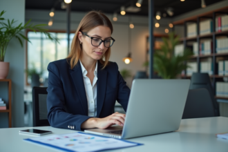 Femme concentrée analysant des graphiques SEO sur son ordinateur