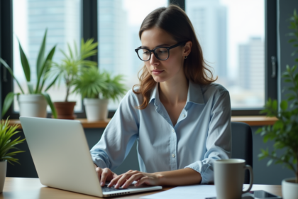 Jeune femme analysant des graphiques SEO sur son ordinateur