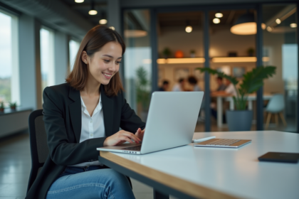 Jeune femme analysant des données dans un bureau moderne