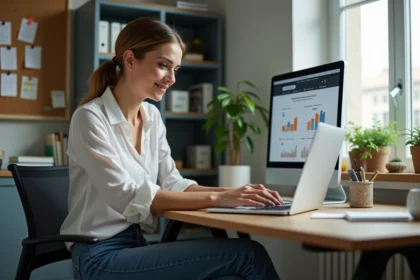 Femme concentrée sur son ordinateur dans un bureau moderne