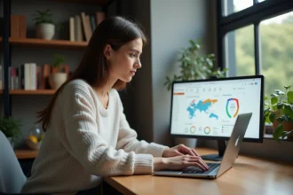 Femme analysant ses statistiques Instagram sur un ordinateur