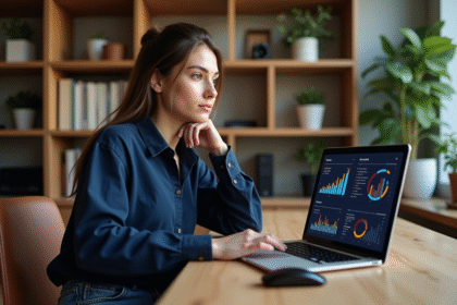 Jeune femme au bureau analysant des graphiques colorés