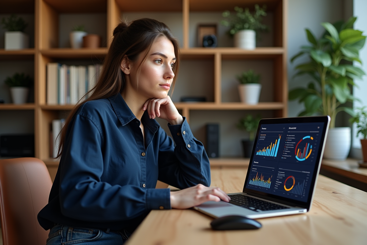 Jeune femme au bureau analysant des graphiques colorés