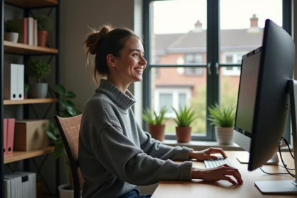Femme au bureau avec grand ecran ordinateur moderne