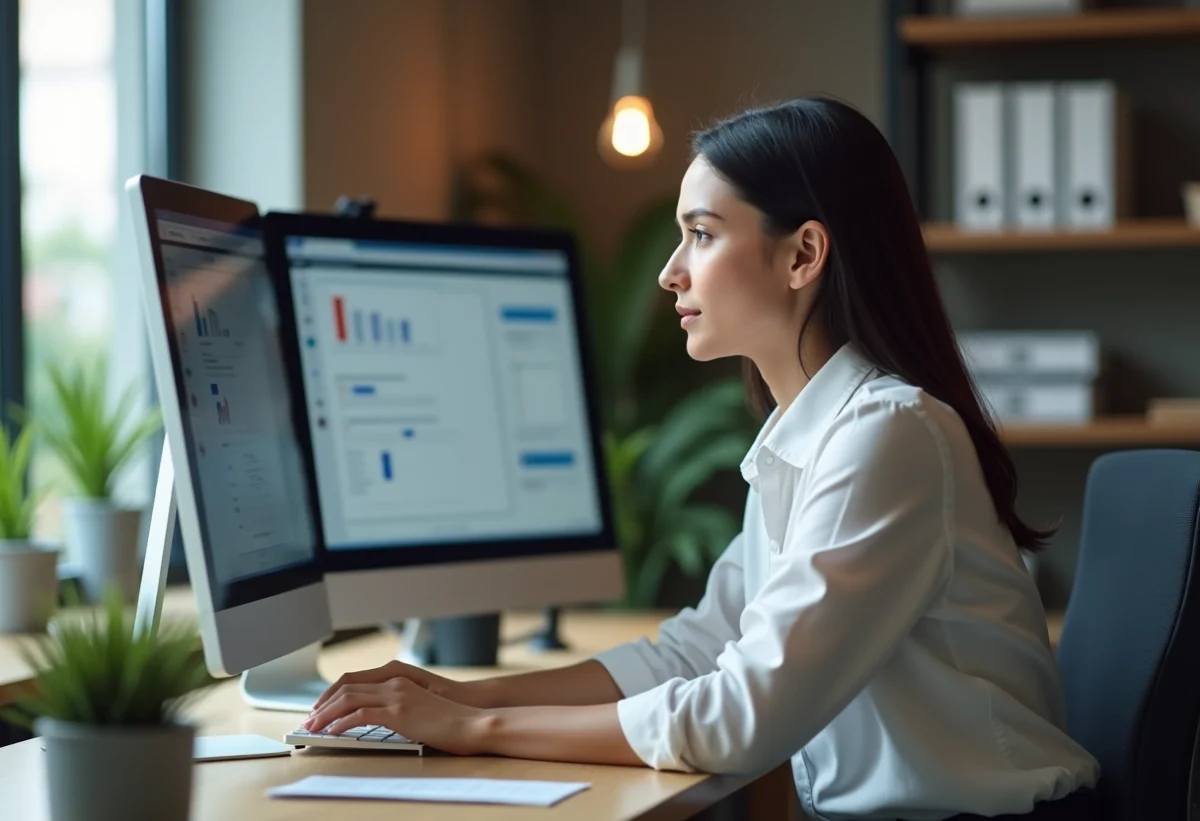 Jeune femme au bureau utilisant une interface de gestion de documents
