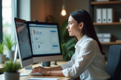 Jeune femme au bureau utilisant une interface de gestion de documents