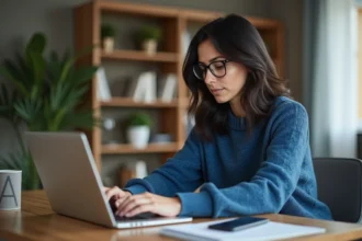 Femme concentrée dans un bureau à domicile moderne