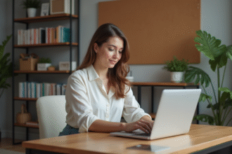 Jeune femme au bureau regardant son ordinateur portable