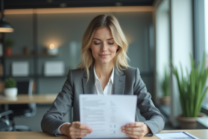 Femme professionnelle utilisant un ordinateur dans un bureau moderne