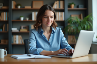 Jeune femme au bureau lisant un message d'erreur sur son ordinateur