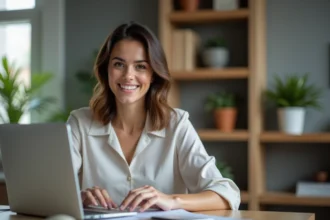 Femme au bureau à domicile utilisant un ordinateur portable